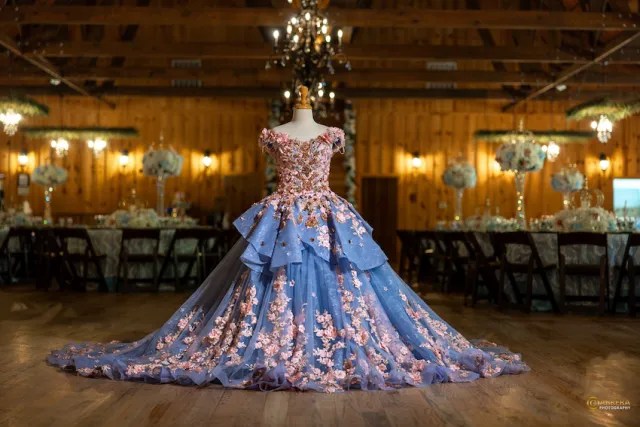 Quinceanera dress on display stand in center of reception hall.