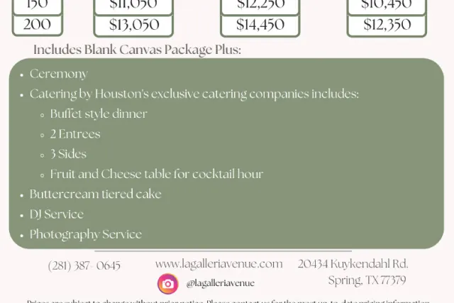 La Galleria Venue Prices and Packages