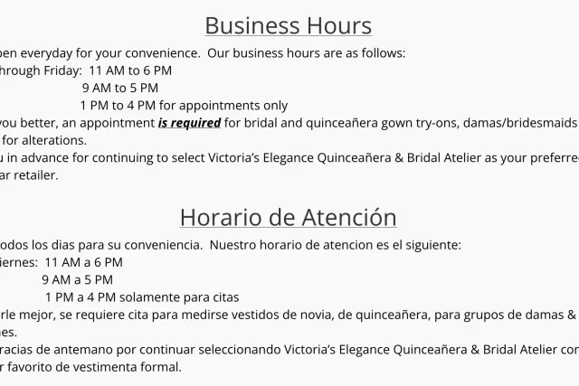 Victorias Elegance Hours and info