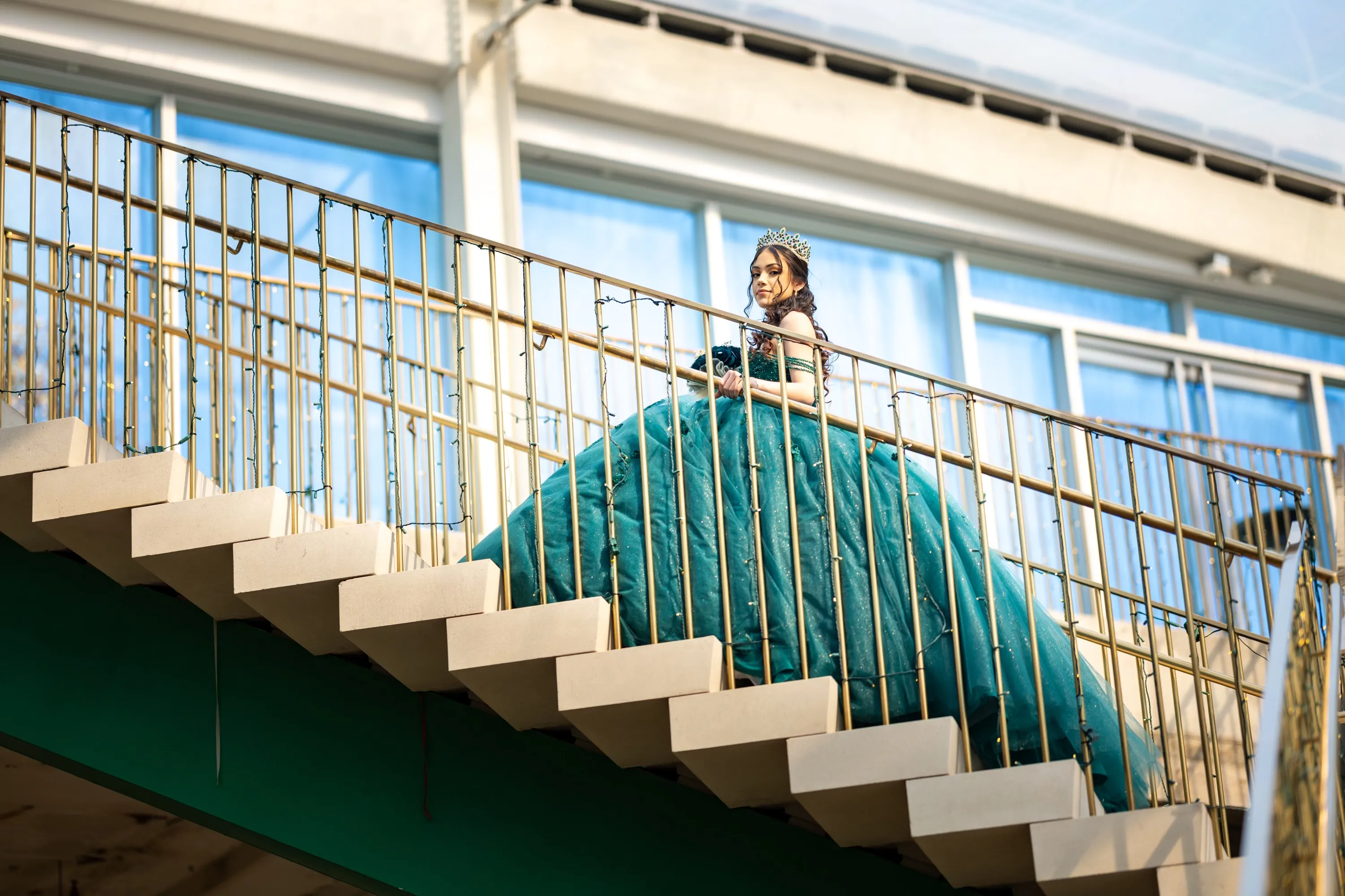 Quinceanera Photography green dress stairs