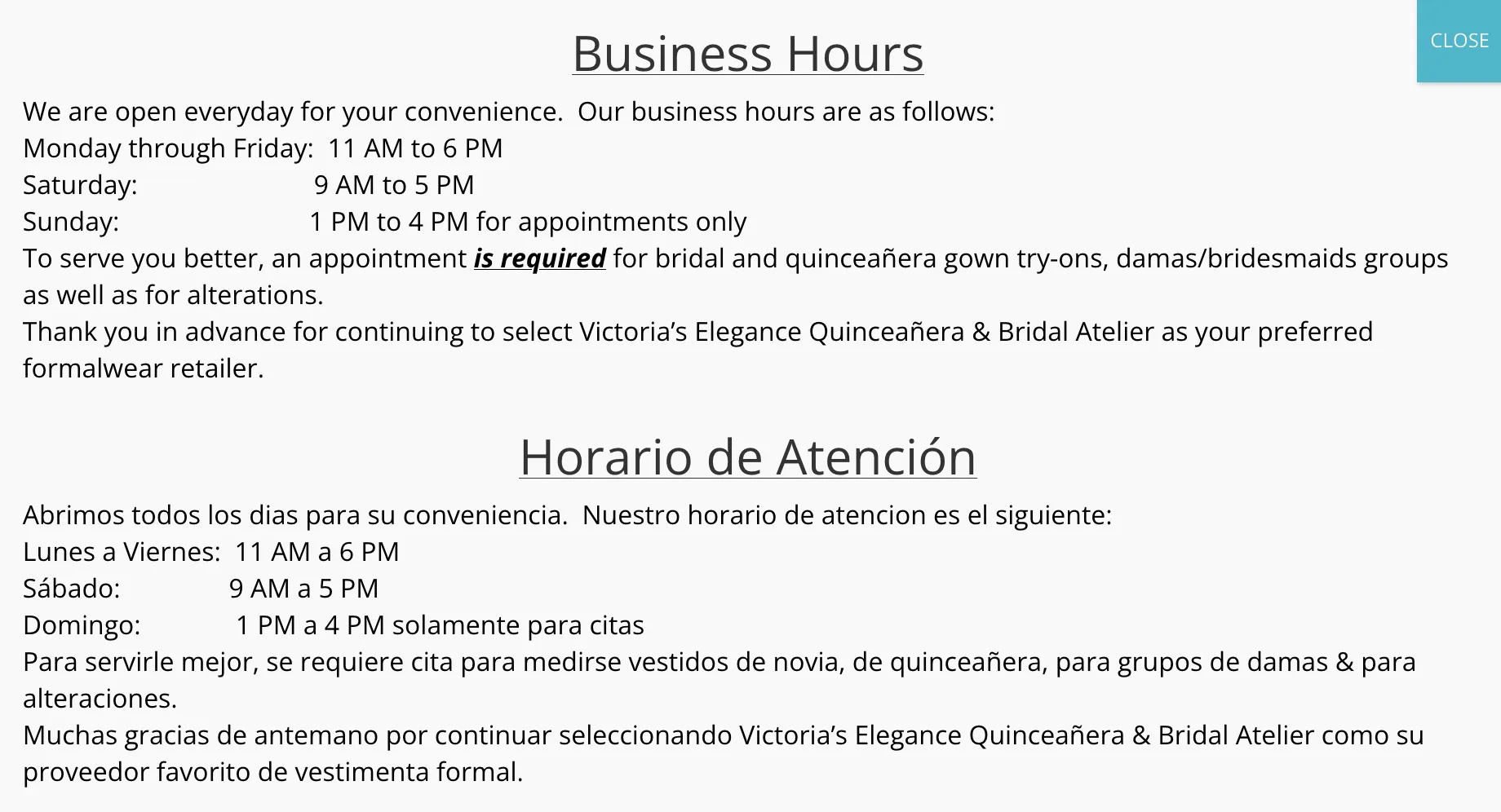 Victorias Elegance Hours and info