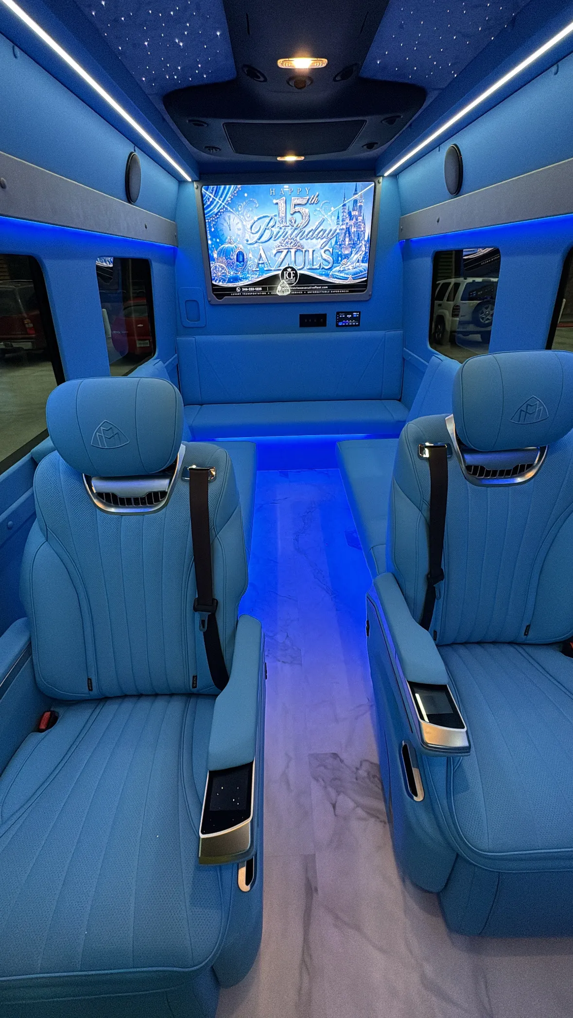 light blue interior inside party bus houston
